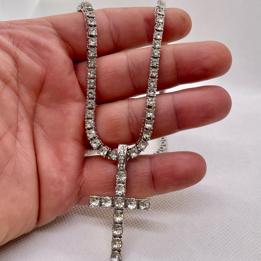 Tennis necklace with cross encrusted with simulated diamonds 24” long unisex
